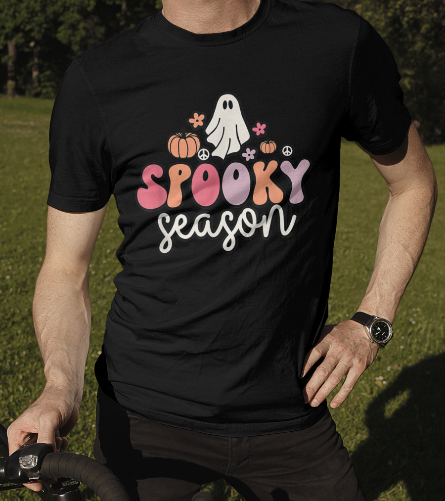 Groovy Ghost Spooky Season With Pumpkins Peace Flowers T-Shirt