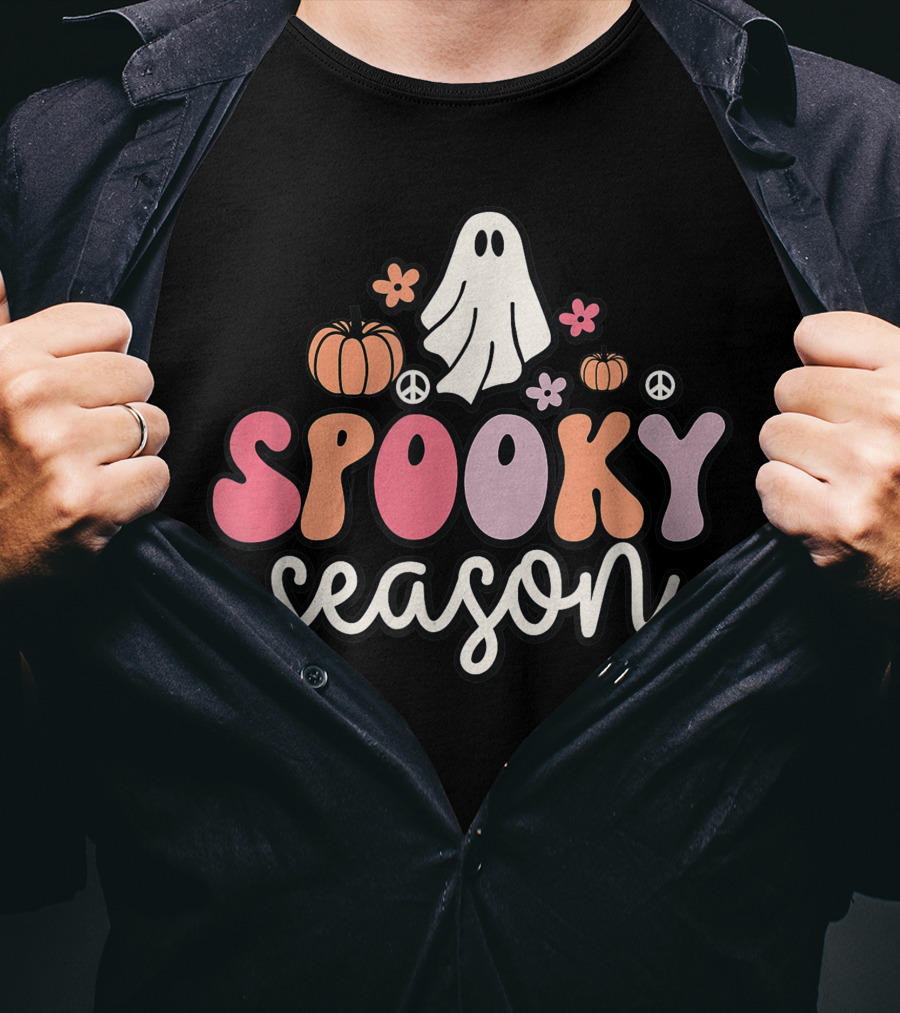 Groovy Ghost Spooky Season With Pumpkins Peace Flowers T-Shirt