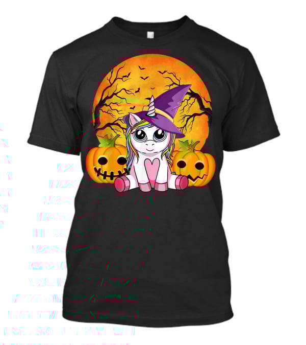 Witchy Unicorn Halloween With Pumpkins And Full Moon T-Shirt