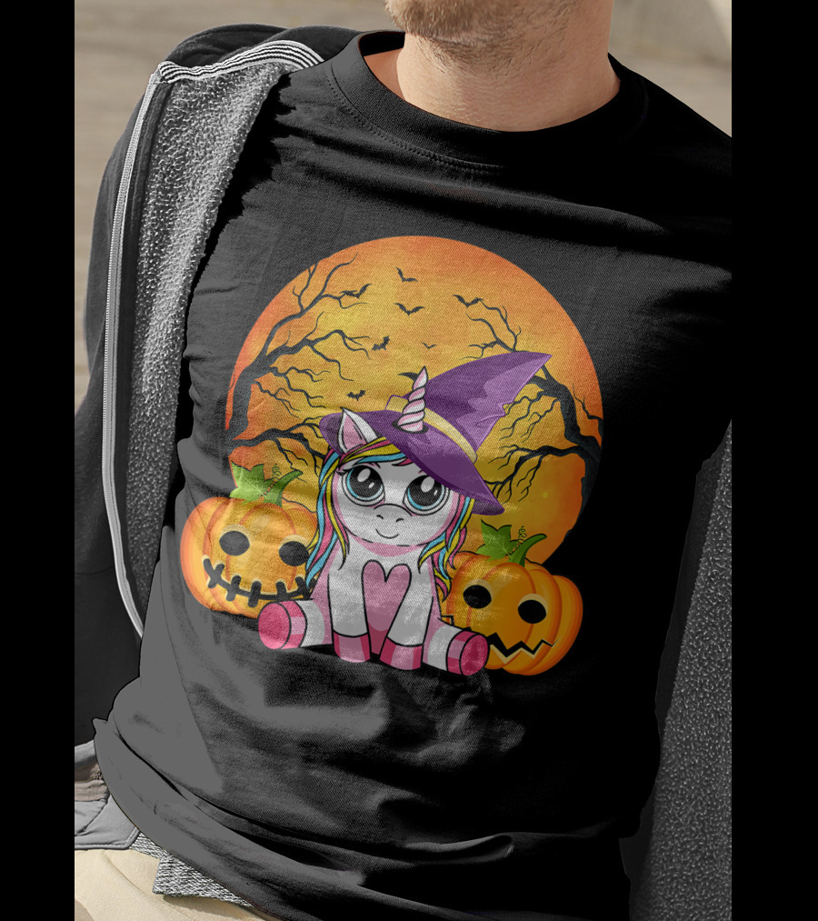 Witchy Unicorn Halloween With Pumpkins And Full Moon T-Shirt