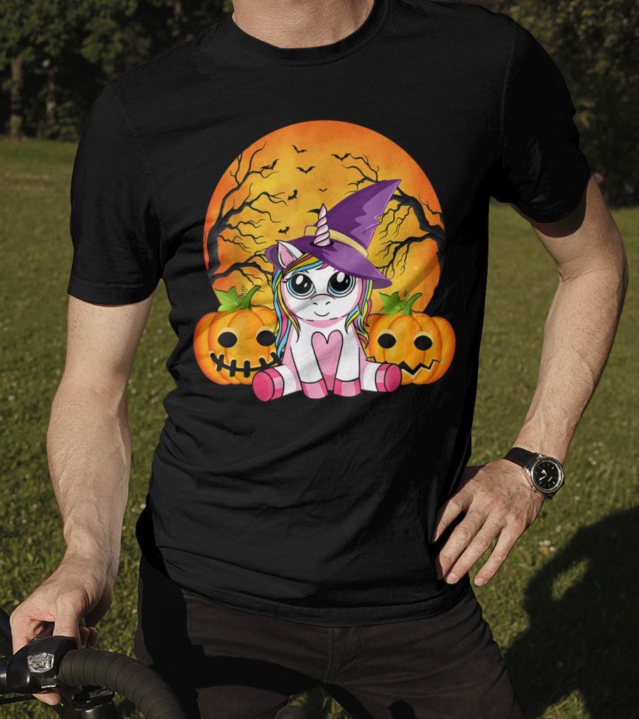 Witchy Unicorn Halloween With Pumpkins And Full Moon T-Shirt