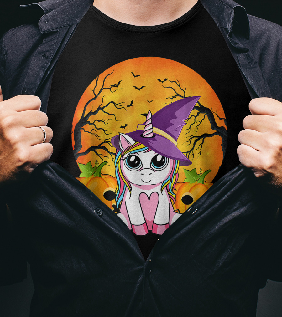 Witchy Unicorn Halloween With Pumpkins And Full Moon T-Shirt