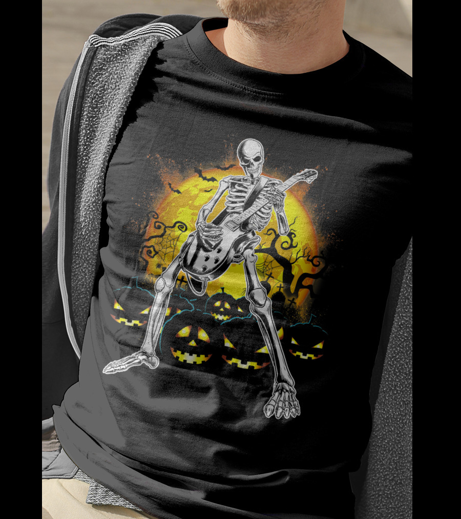 Skeleton Rocking Guitar Halloween Pumpkin Scene T-Shirt
