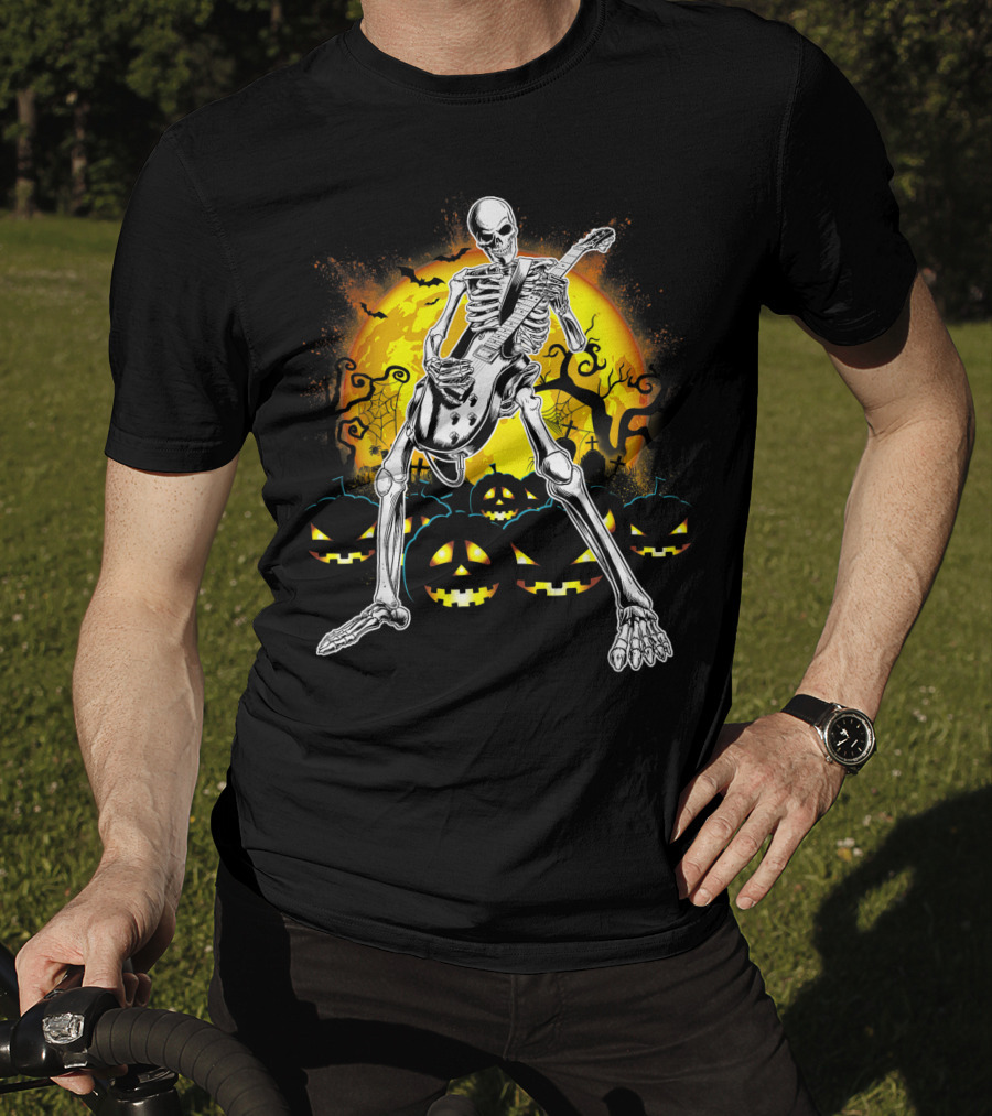 Skeleton Rocking Guitar Halloween Pumpkin Scene T-Shirt