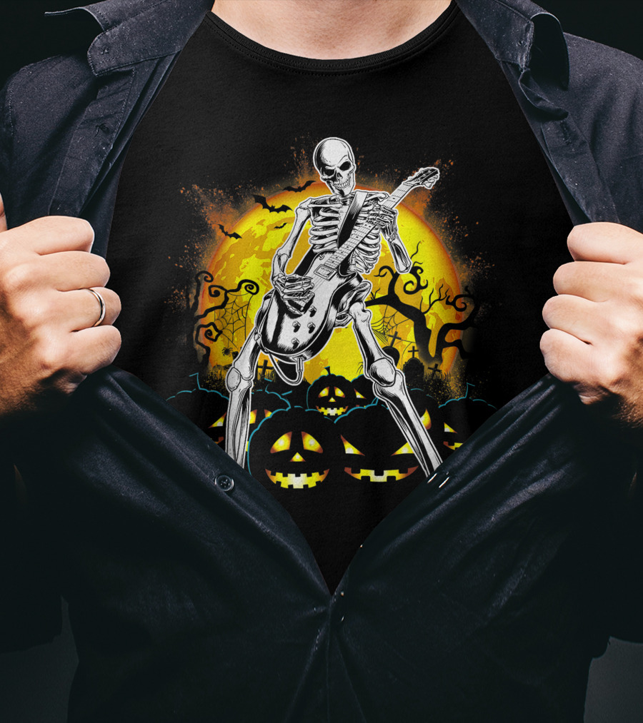 Skeleton Rocking Guitar Halloween Pumpkin Scene T-Shirt