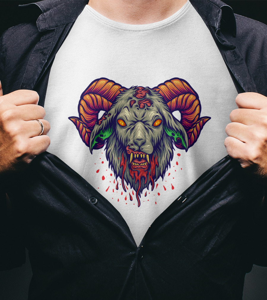 Devil Head Horn Gothic Goat With Blood Splatter And Evil Eyes T-Shirt