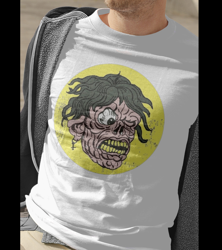 Rebel Zombie Grinning Undead Head With Cross Earring On Yellow Circle T-Shirt