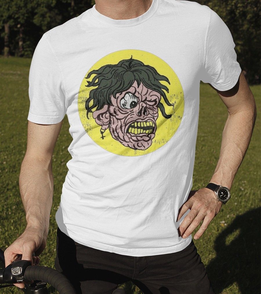 Rebel Zombie Grinning Undead Head With Cross Earring On Yellow Circle T-Shirt