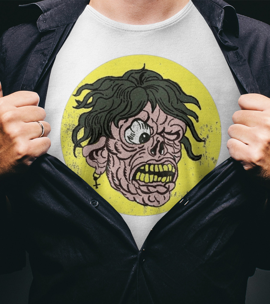 Rebel Zombie Grinning Undead Head With Cross Earring On Yellow Circle T-Shirt