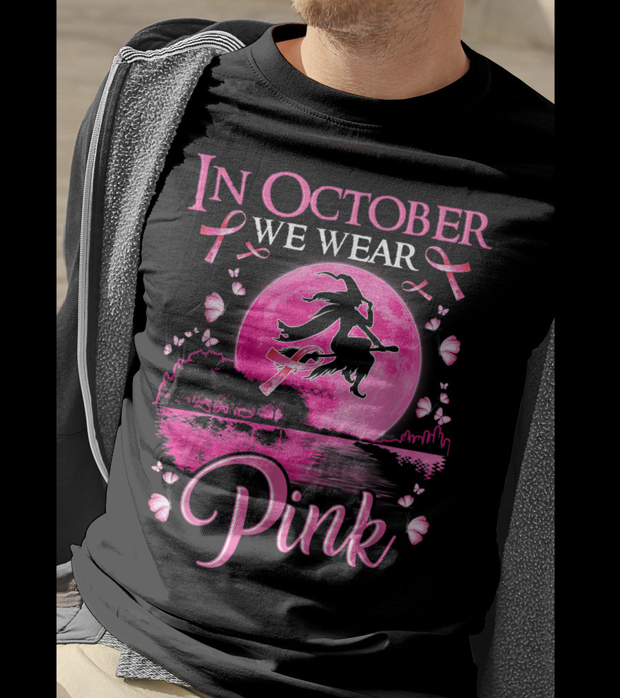 In October We Wear Pink Witch And Moon Breast Cancer Awareness T-Shirt