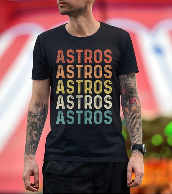 Premium T-Shirt: Astros Retro Multicolor Vintage Style Repeated Text T-Shirt Astros Retro Multicolor Vintage Style Repeated Text T-Shirt