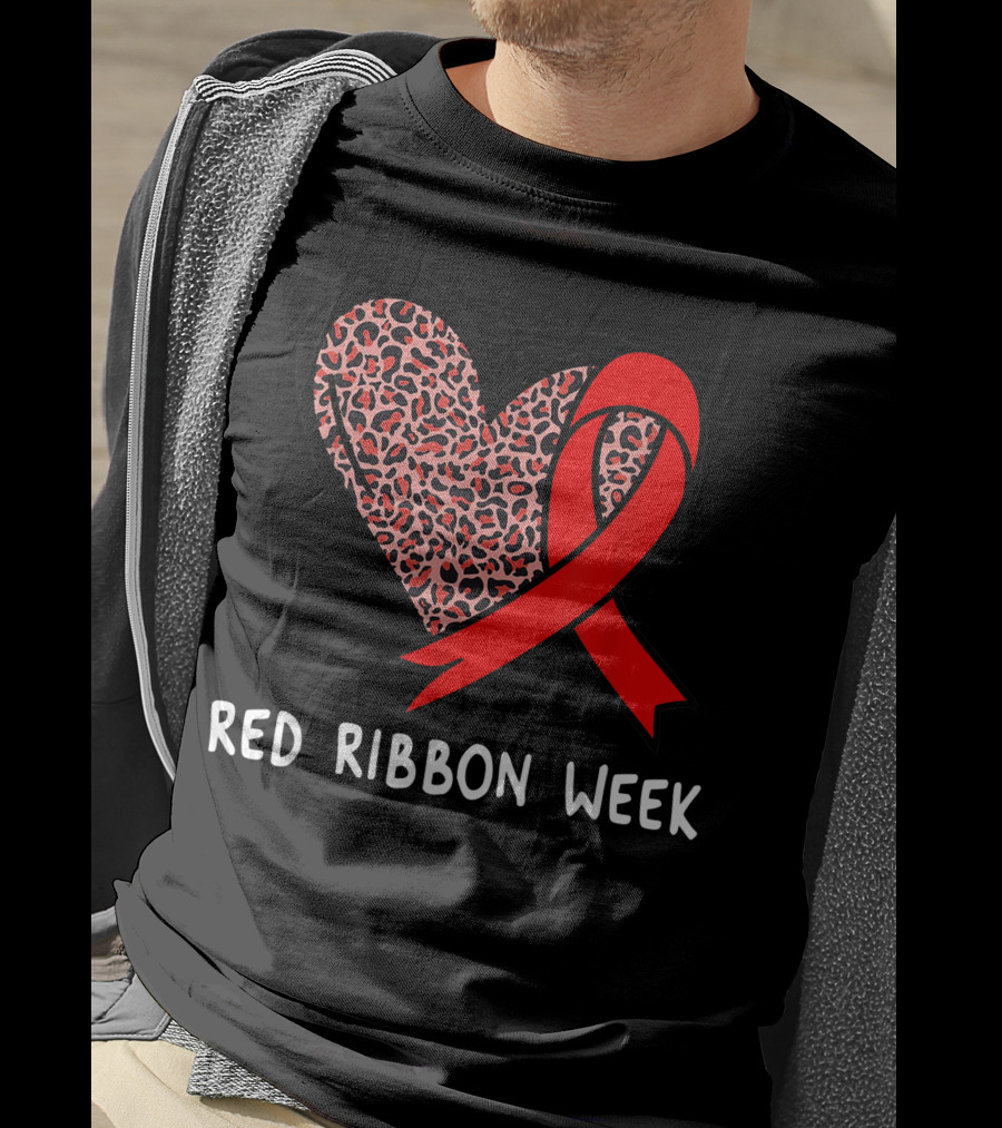 Red Ribbon Week Leopard Print Heart T-Shirt