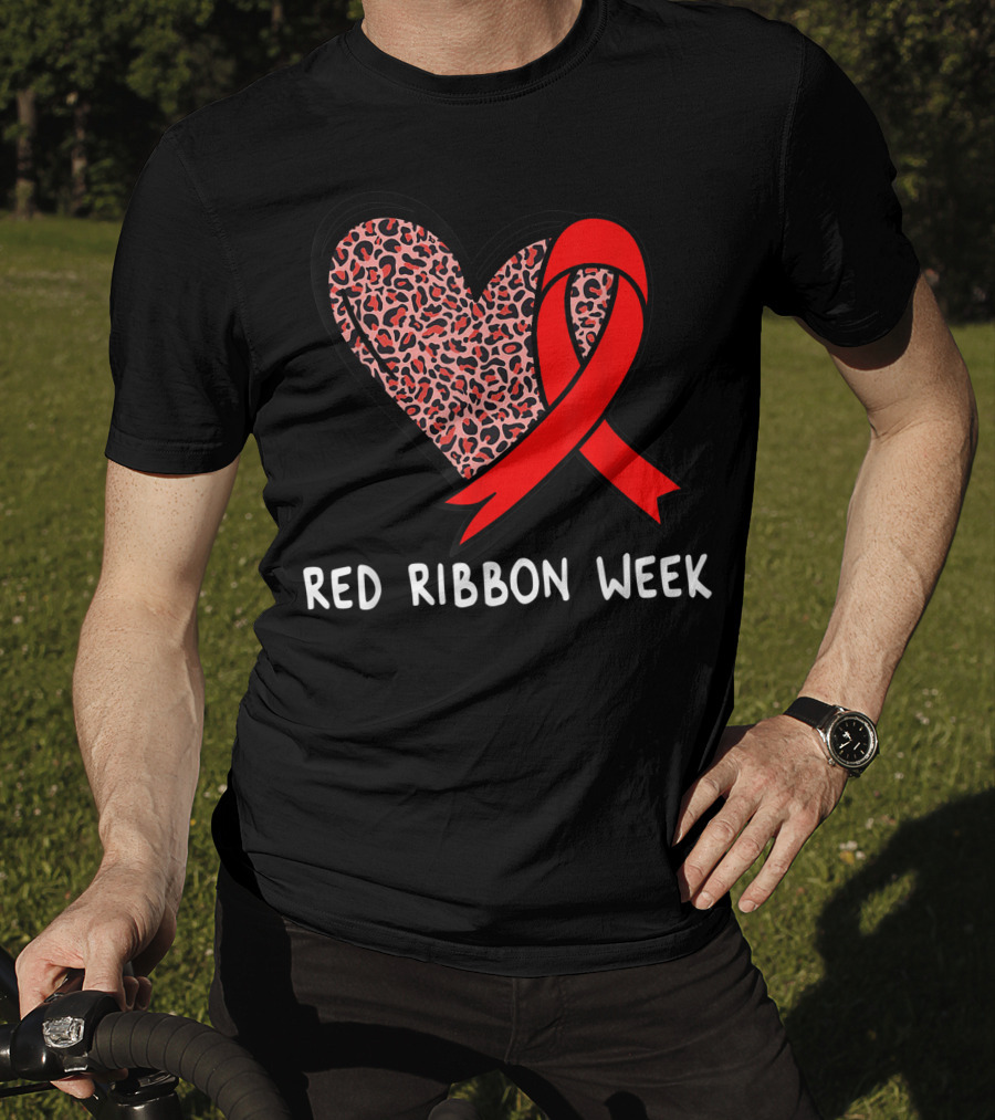 Red Ribbon Week Leopard Print Heart T-Shirt
