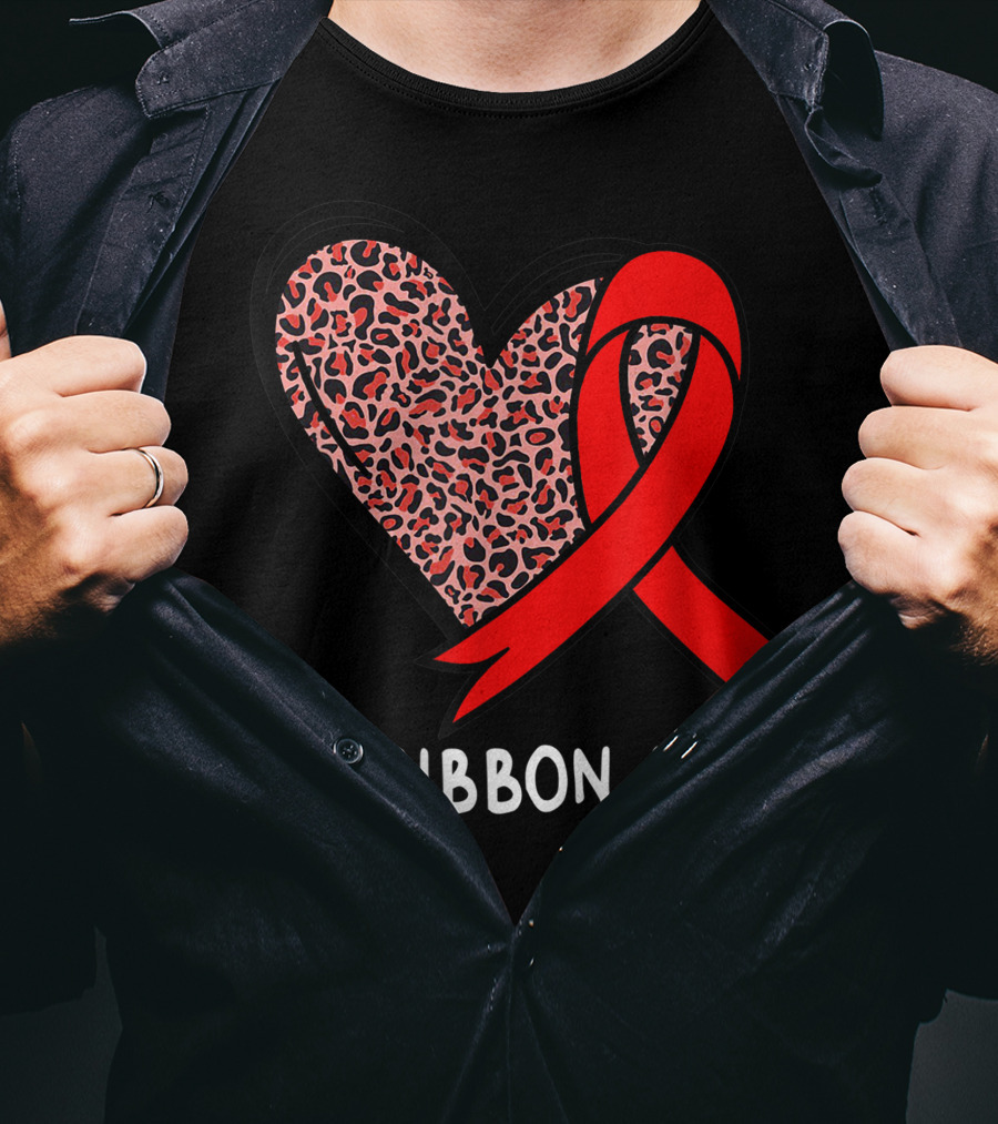 Red Ribbon Week Leopard Print Heart T-Shirt