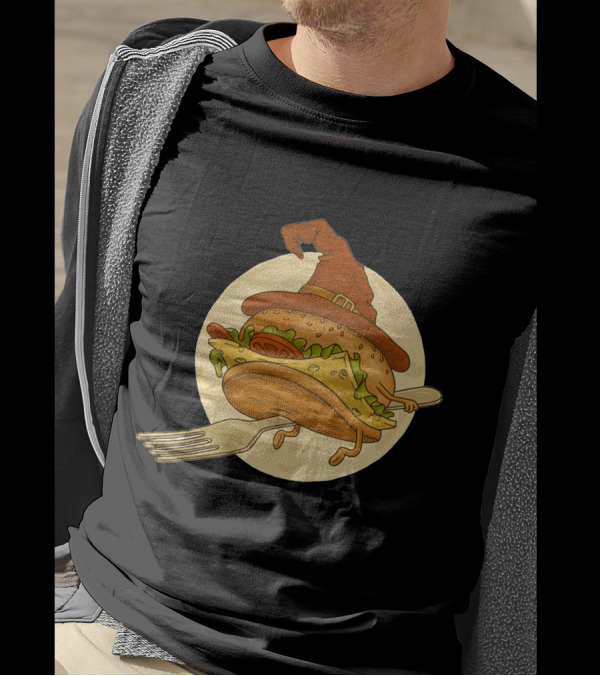 Hamburger With Witch Hat Riding A Fork In Front Of Full Moon T-Shirt
