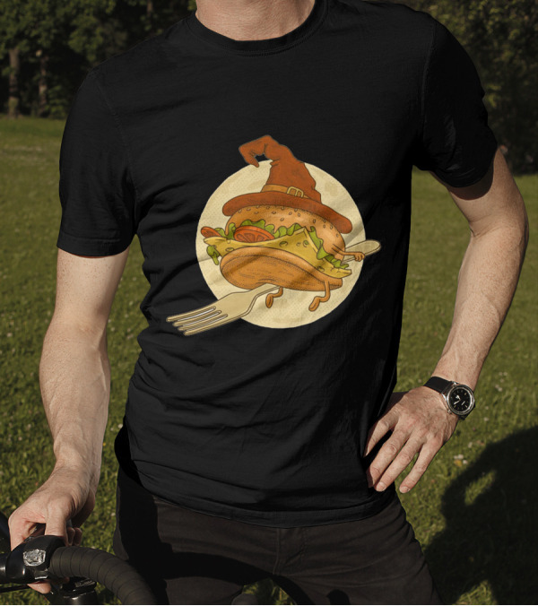 Hamburger With Witch Hat Riding A Fork In Front Of Full Moon T-Shirt