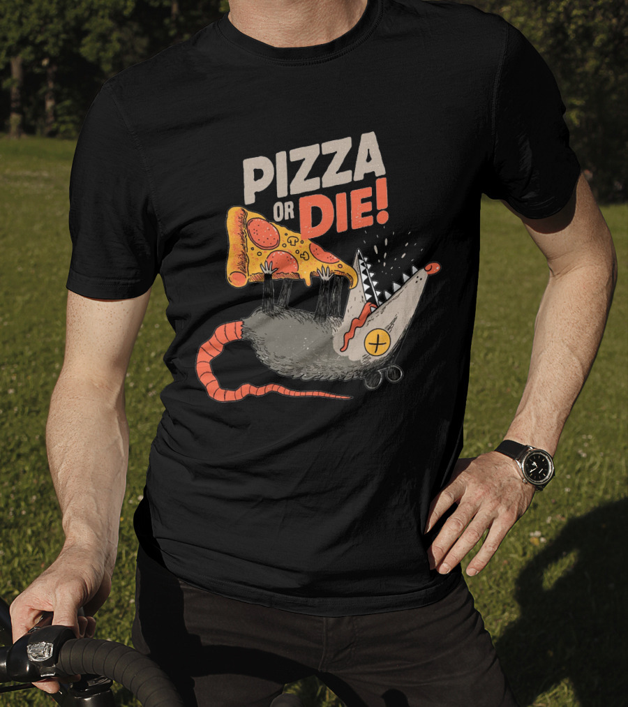Pizza Or Die Rat Holding Pepperoni Slice T-Shirt