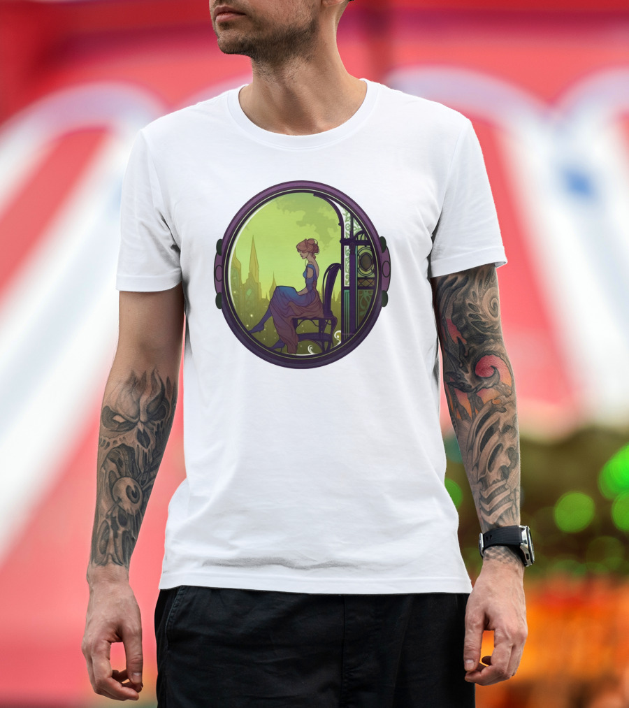 Mysterious Pensive Woman in Enchanted Gothic Cityscape T-Shirt