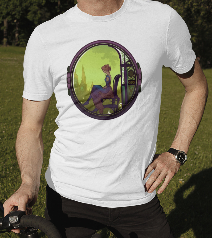 Mysterious Pensive Woman In Enchanted Gothic Cityscape T-Shirt