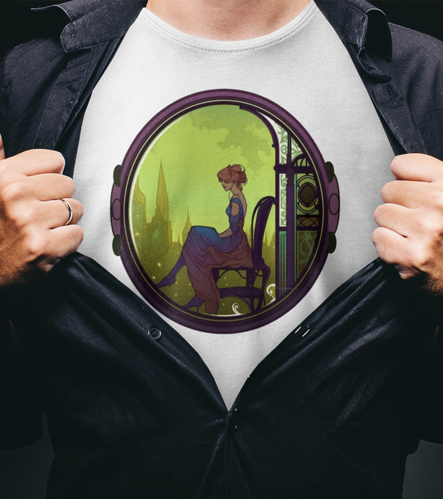 Mysterious Pensive Woman In Enchanted Gothic Cityscape T-Shirt