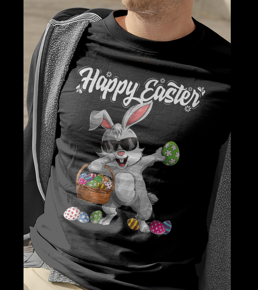 Happy Easter Dabbing Rabbit With Basket And Eggs T-Shirt