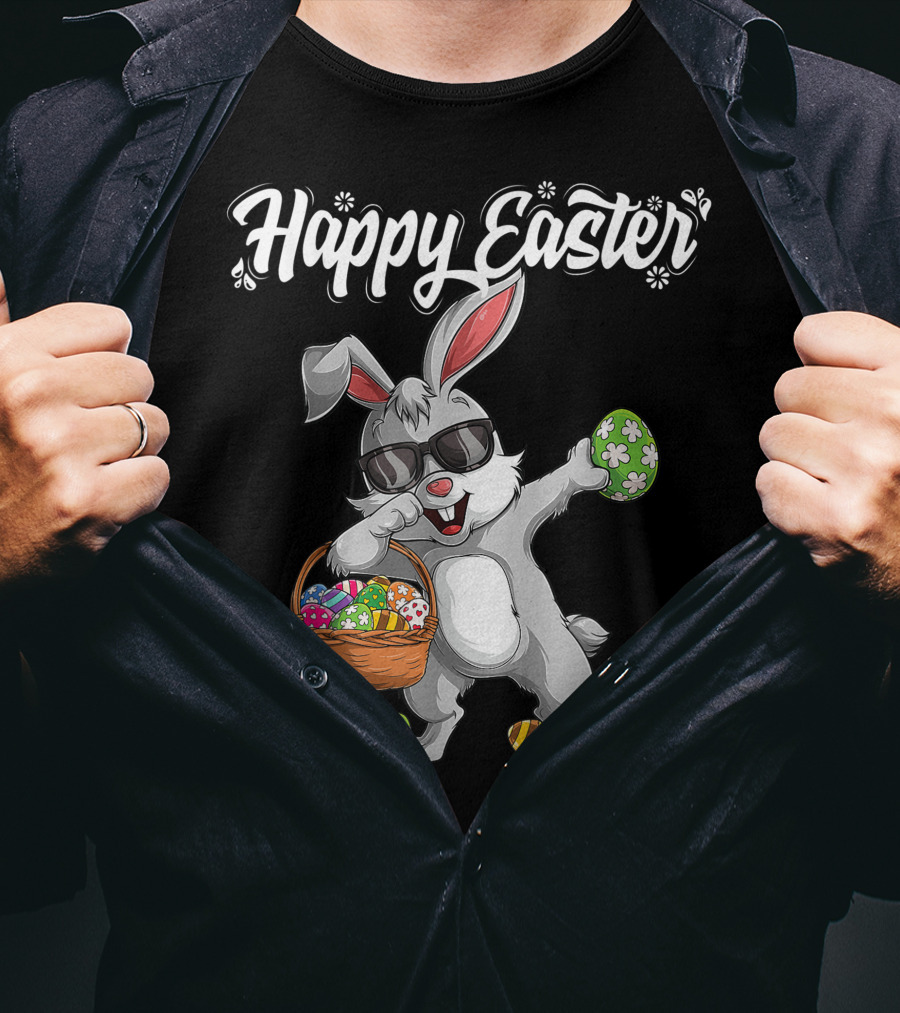 Happy Easter Dabbing Rabbit With Basket And Eggs T-Shirt