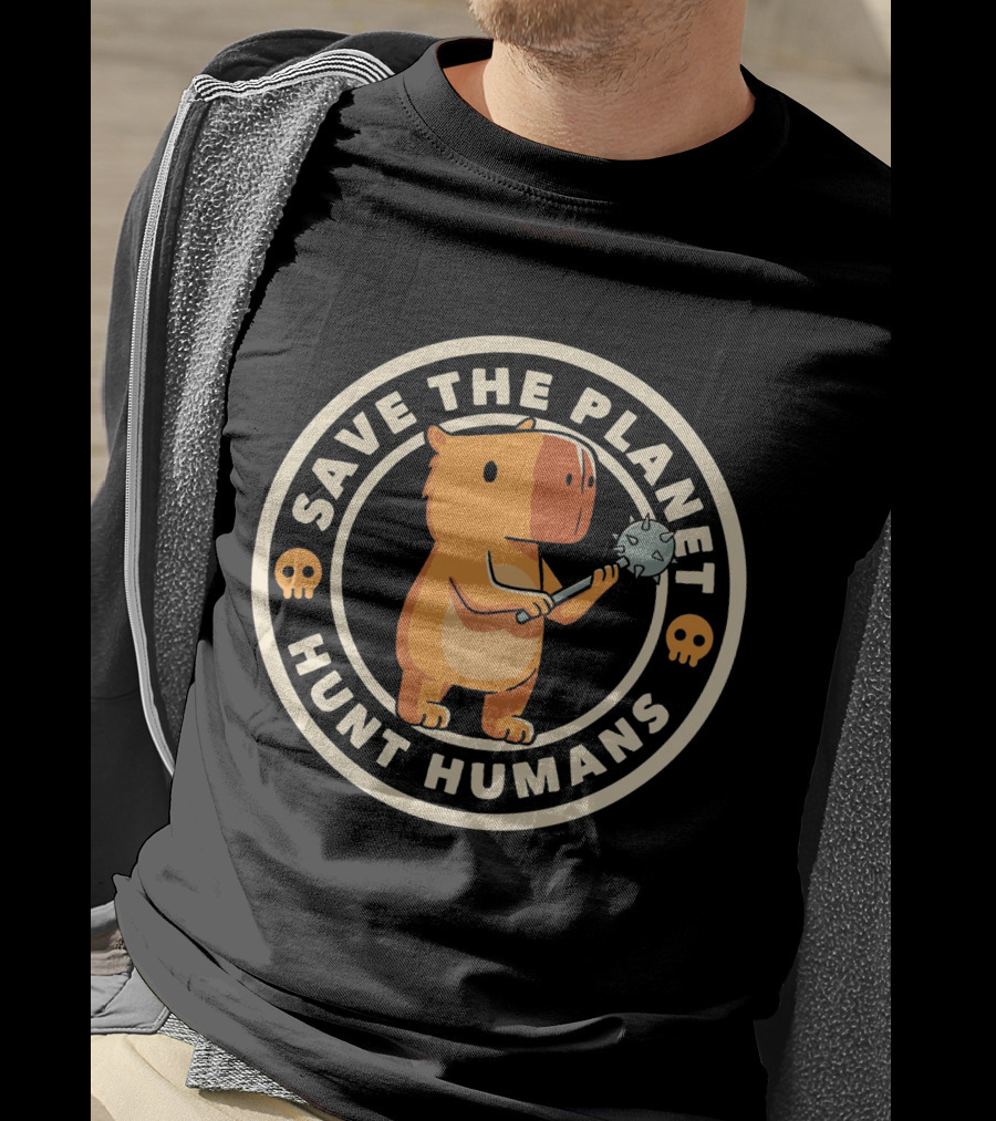 Save The Planet Hunt Humans Cute Bear With Caveman Club T-Shirt