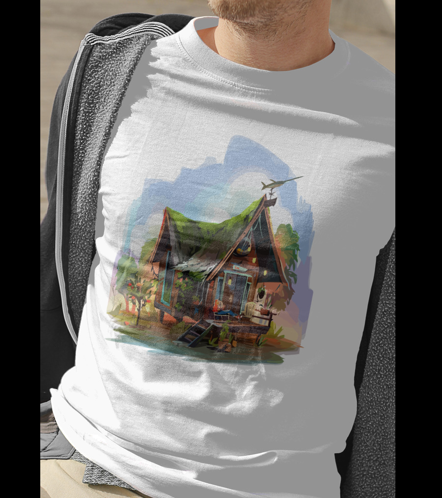 Dream House With Grass Roof And Airplane Sky Scene T-Shirt