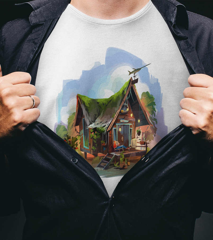 Dream House With Grass Roof And Airplane Sky Scene T-Shirt