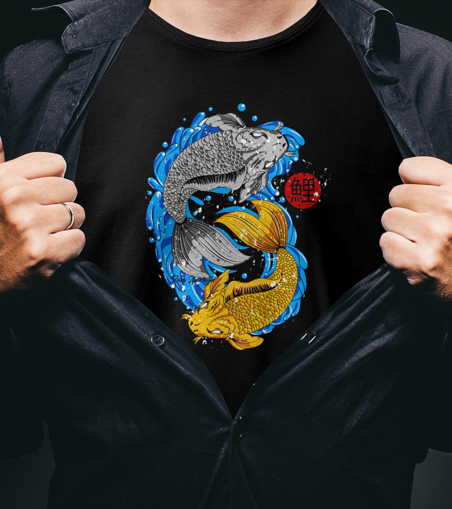 Koi Fish Yin Yang With Blue Water And Red Japanese T-Shirt