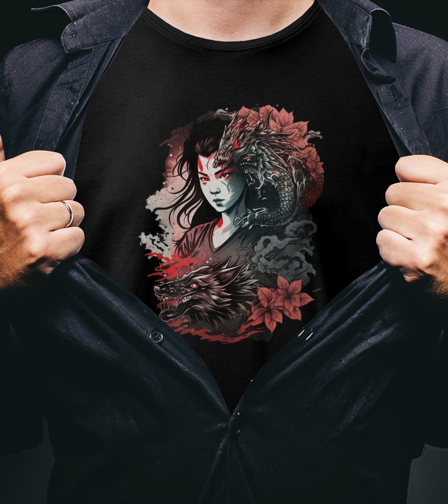 Dragon Boy Red Lotus Warrior With Dragon And Wolf Elements T-Shirt