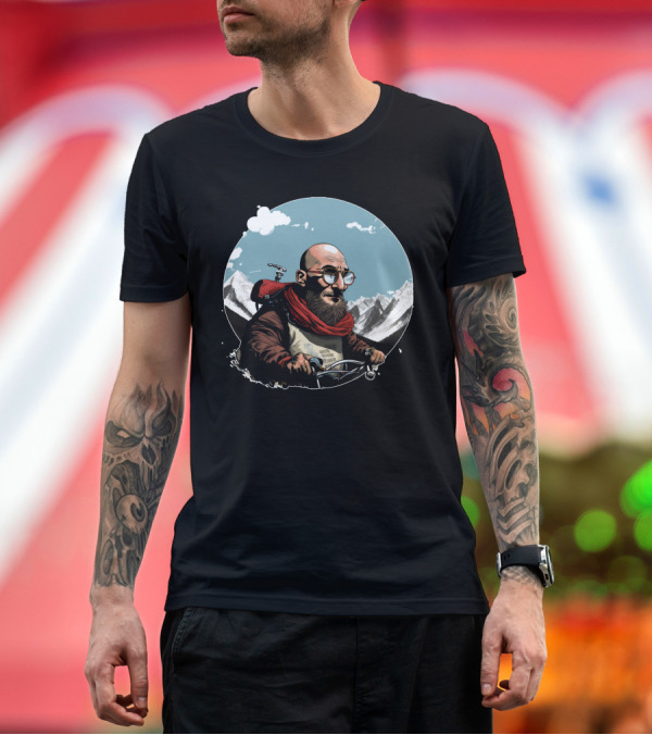 Premium T-Shirt: Bald Man on Motorcycle Through Mountain Landscape with Red Scarf and Glasses T-Shirt Bald Man on Motorcycle Through Mountain Landscape with Red Scarf and Glasses T-Shirt