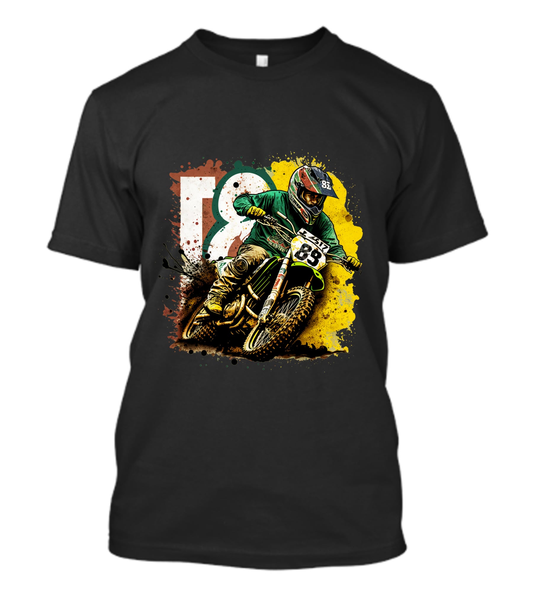 Motocross Racer Dynamic Action With Number 83 And Splatter Background T-Shirt