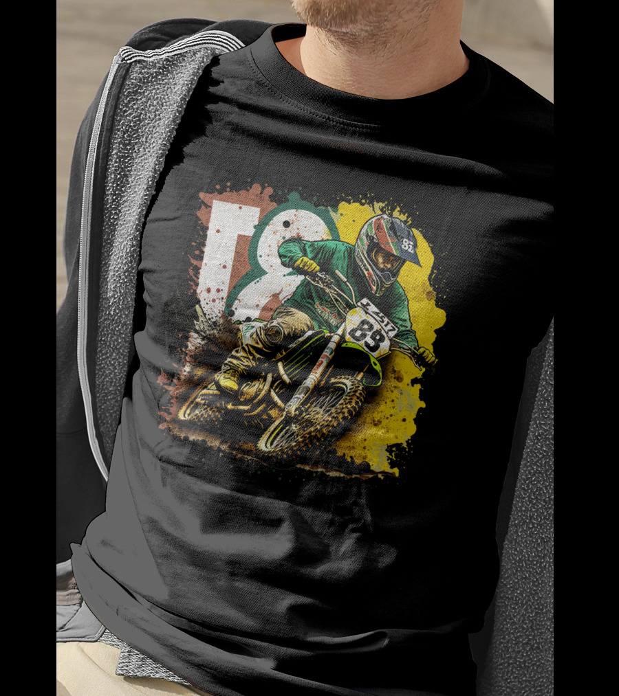 Motocross Racer Dynamic Action With Number 83 And Splatter Background T-Shirt