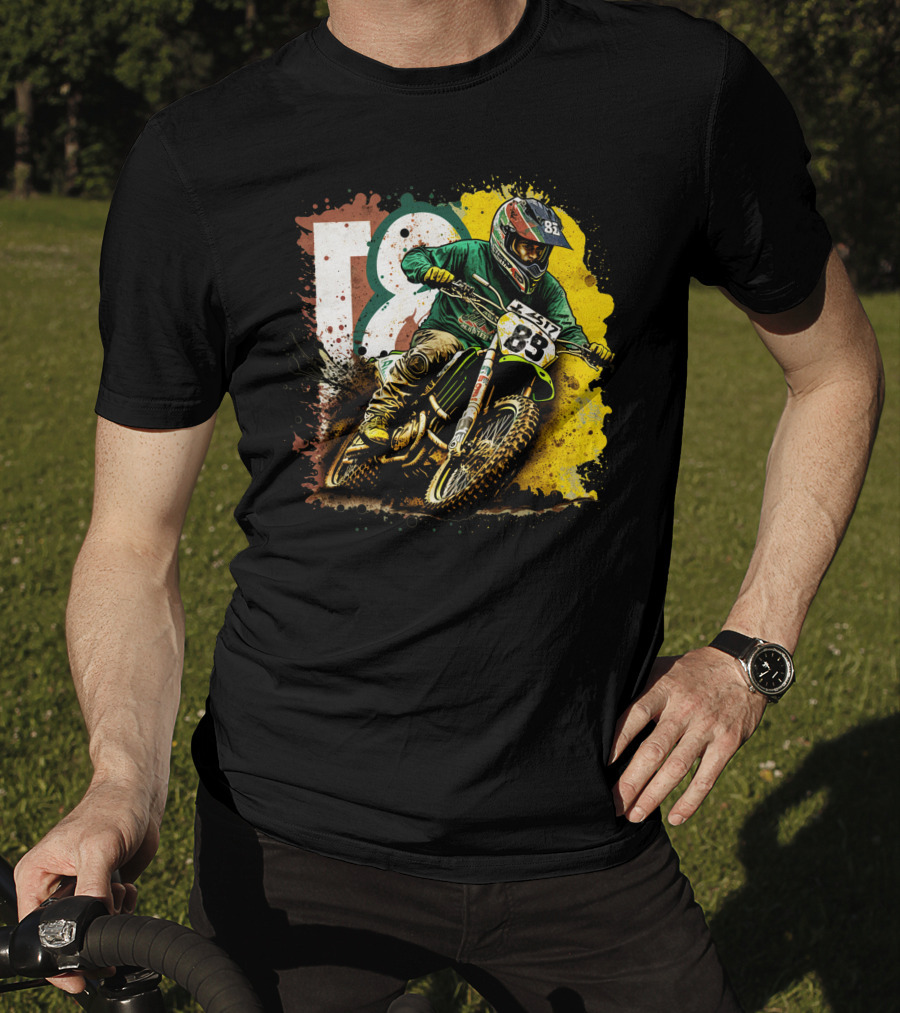 Motocross Racer Dynamic Action With Number 83 And Splatter Background T-Shirt