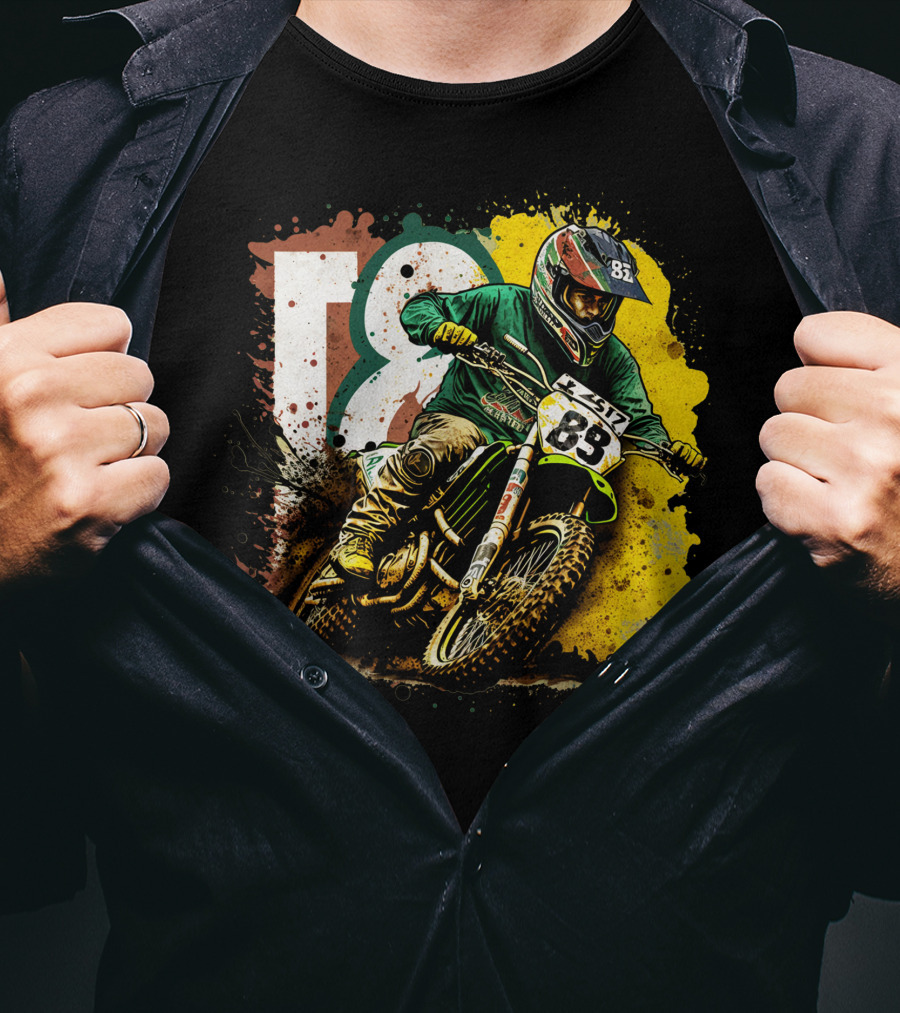 Motocross Racer Dynamic Action With Number 83 And Splatter Background T-Shirt