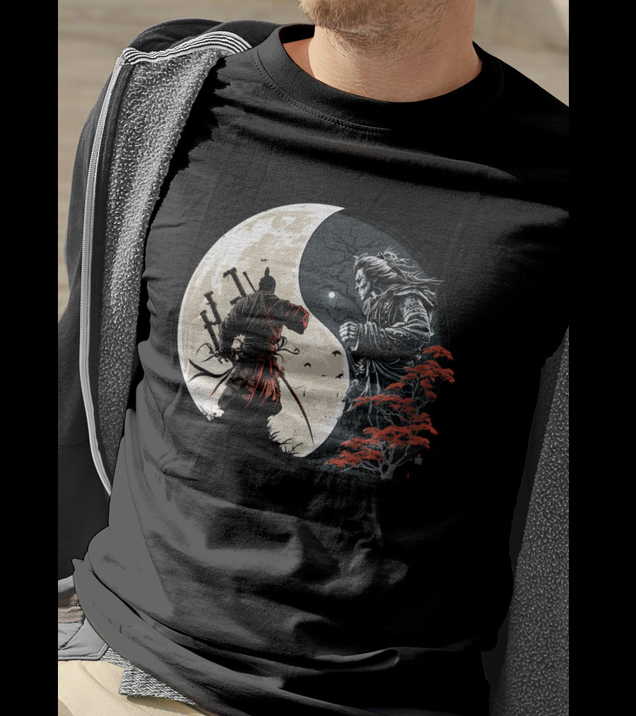 Crescent Moonlight Samurai Yin Yang Duality Forest T-Shirt