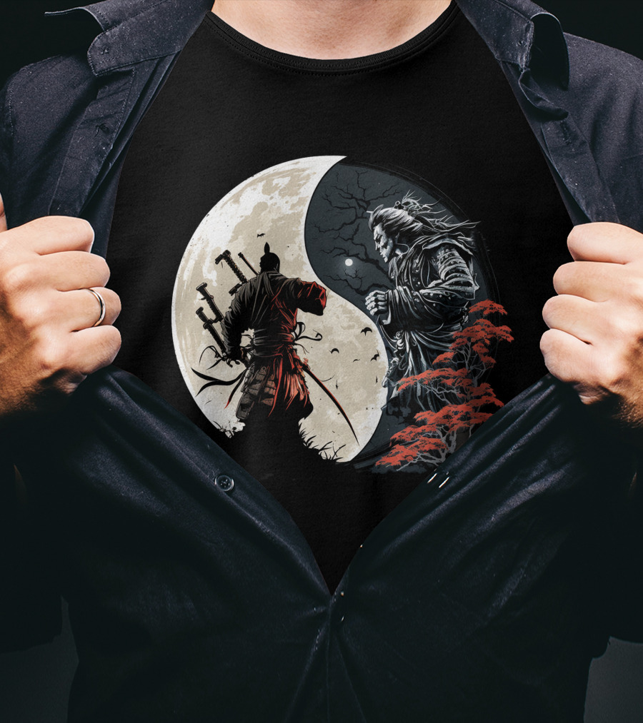 Crescent Moonlight Samurai Yin Yang Duality Forest T-Shirt