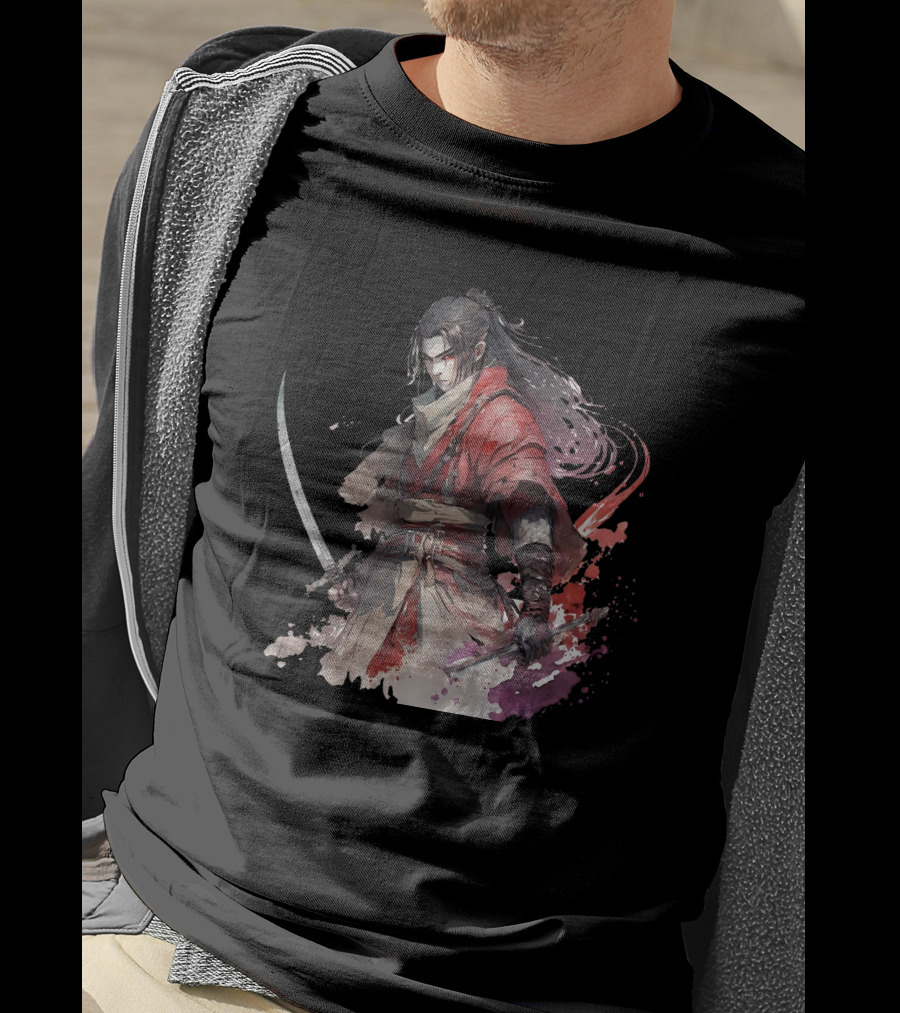 Samurai Blade Warrior In Red Robes With Dual Katanas And Flowing Hair T-Shirt