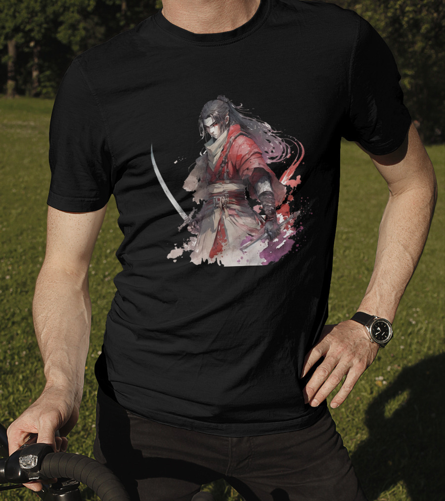 Samurai Blade Warrior In Red Robes With Dual Katanas And Flowing Hair T-Shirt