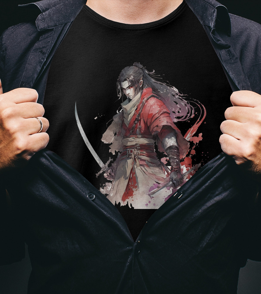 Samurai Blade Warrior In Red Robes With Dual Katanas And Flowing Hair T-Shirt