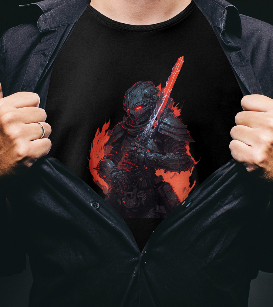 Magitek Zombie Trooper Fiery Cyborg Warrior With Glowing Sword T-Shirt