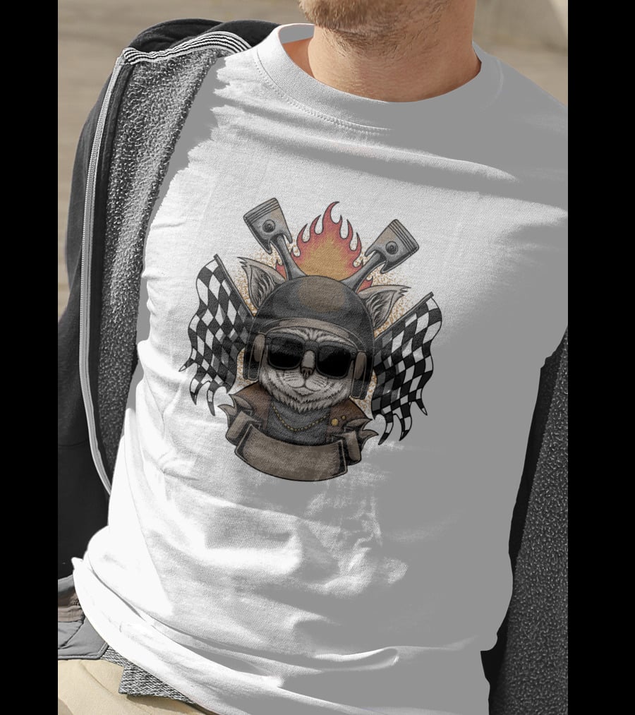 Cat Helmet Motorcycle Flames Checkered Flags Emblem T-Shirt