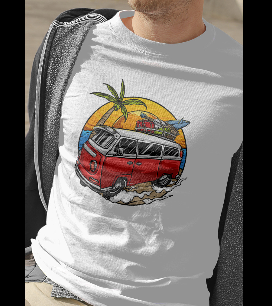 Holiday Vintage Car With Sunset Surfboard And Palm Tree Beach Scene T-Shirt