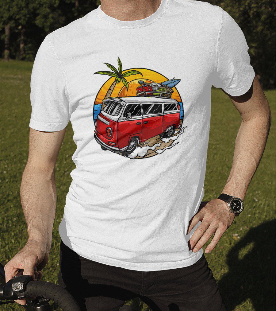 Holiday Vintage Car With Sunset Surfboard And Palm Tree Beach Scene T-Shirt