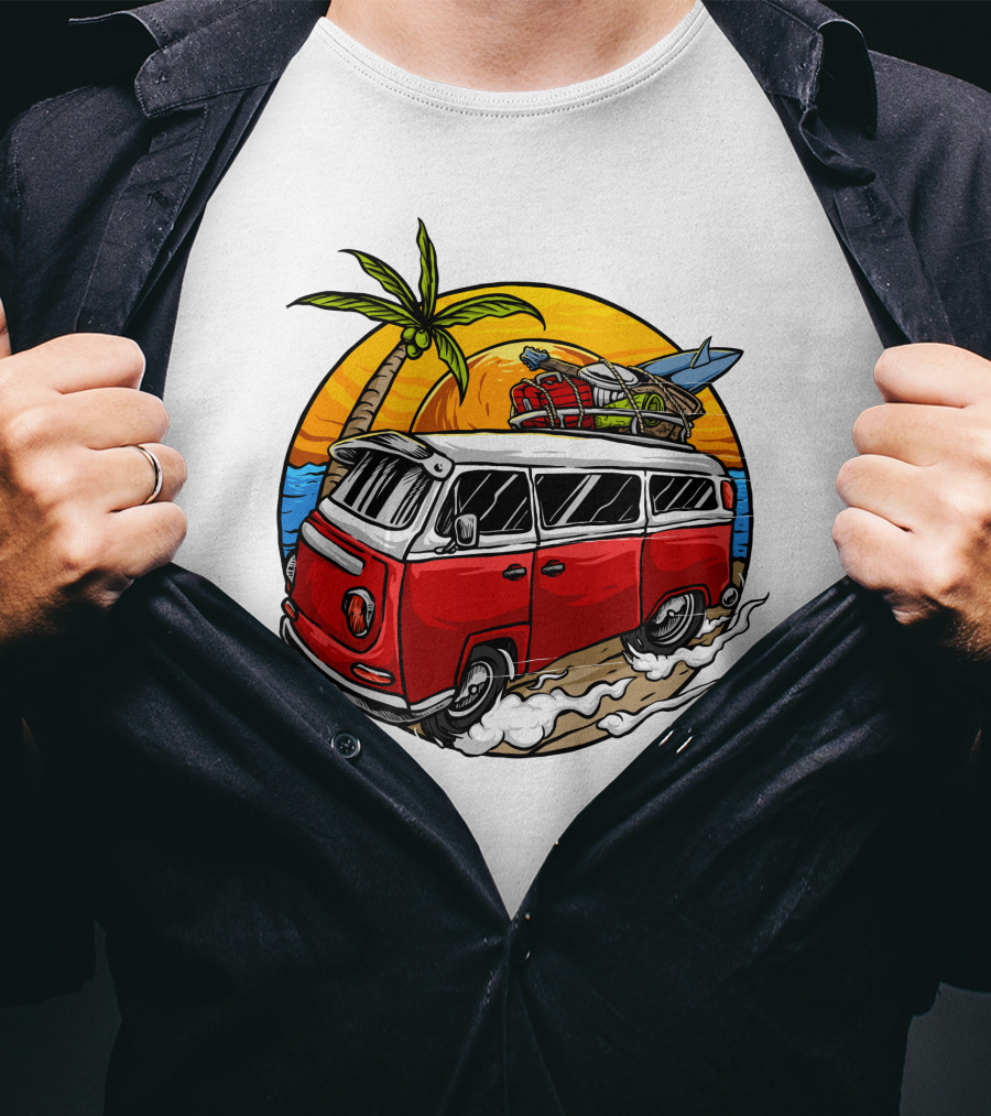 Holiday Vintage Car With Sunset Surfboard And Palm Tree Beach Scene T-Shirt
