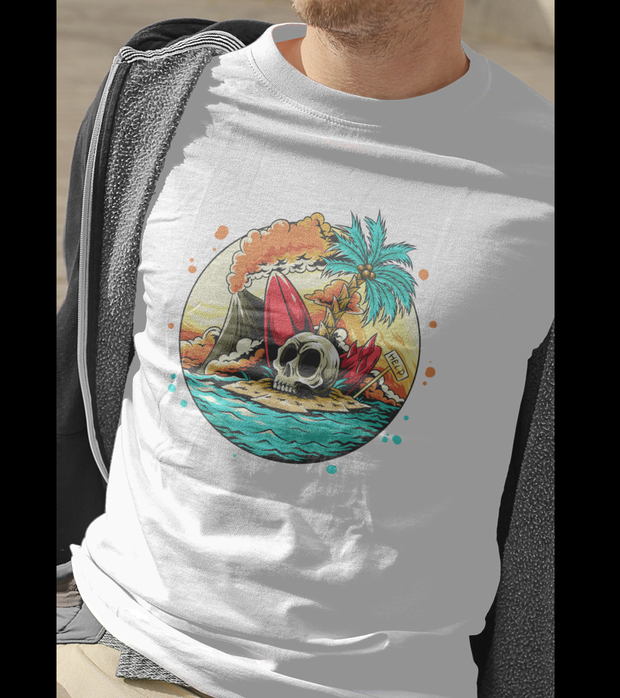 Summer Skull Island Paradise With Palm And Volcano T-Shirt