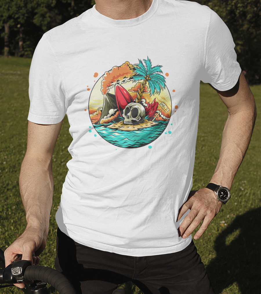 Summer Skull Island Paradise With Palm And Volcano T-Shirt