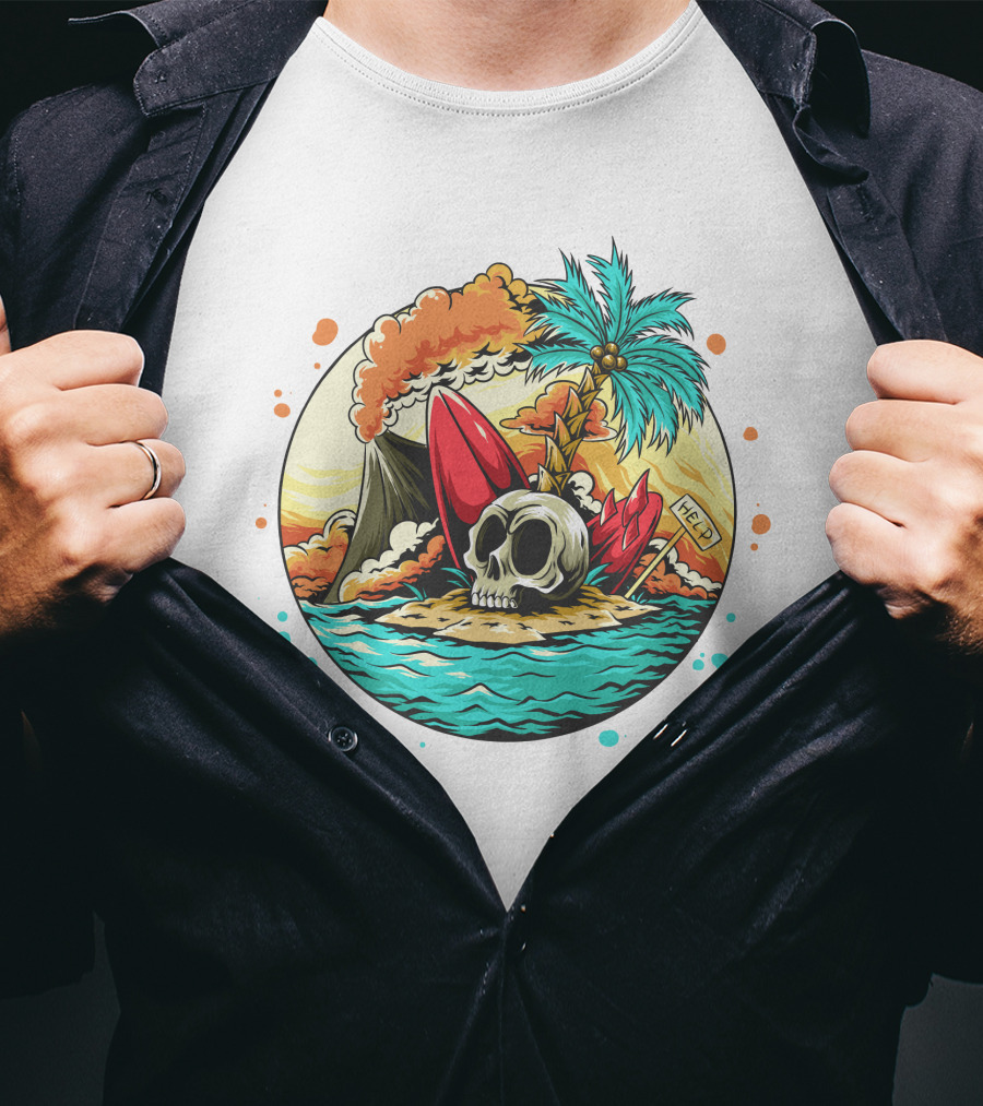 Summer Skull Island Paradise With Palm And Volcano T-Shirt