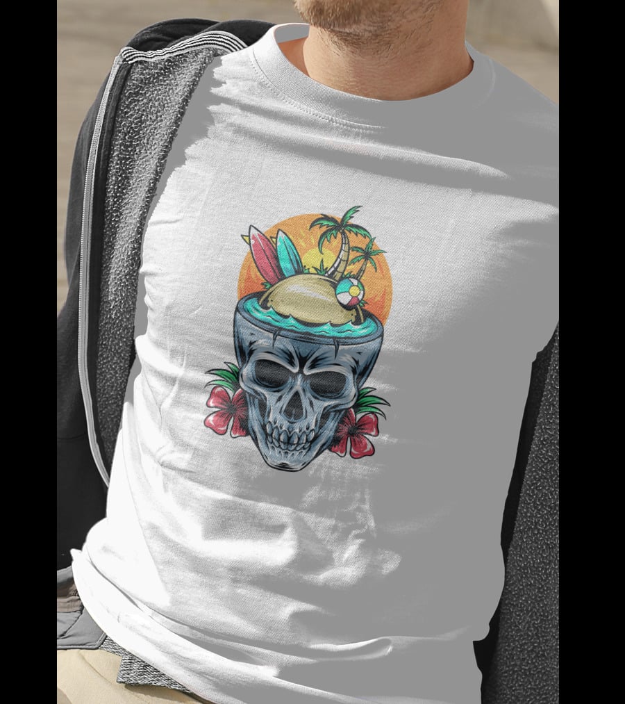 Summer Skull With Surfboards And Tropical Island T-Shirt